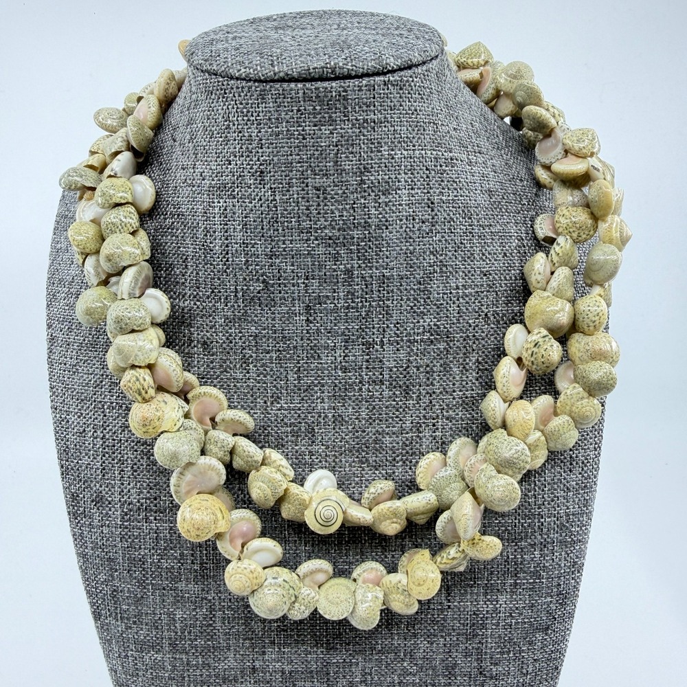 Cream Spiral Shell Necklace Long Layered Multi Strand Coastal Boho Statement Lei